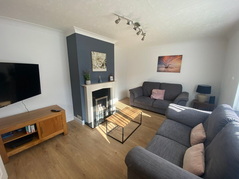 Modern living room with grey sofas, fireplace, wooden TV unit and hardwood flooring
