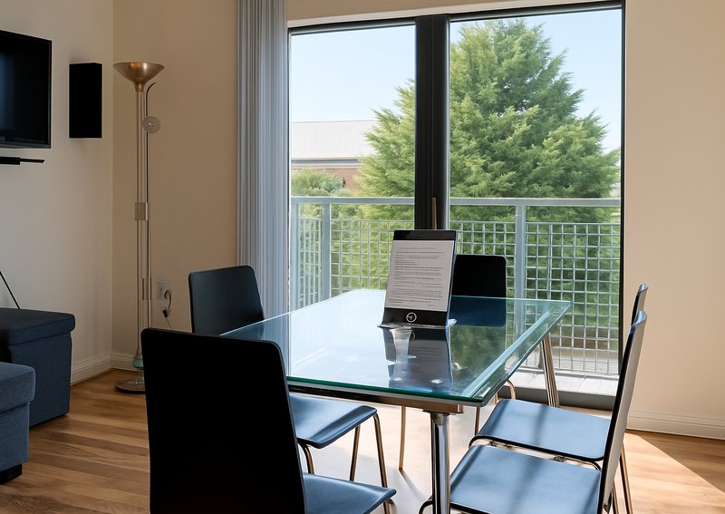 Modern dining area with glass table, black chairs, and balcony view of green trees