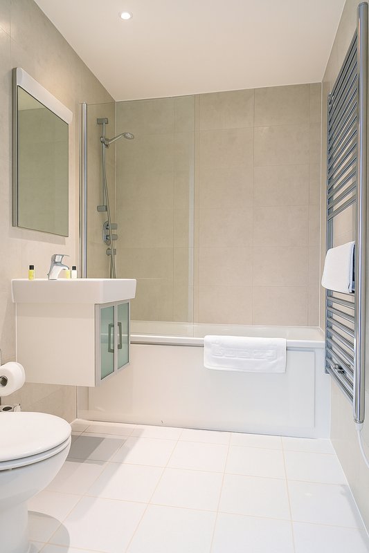 Modern bathroom with walk-in shower, vanity sink, heated towel rail and toilet