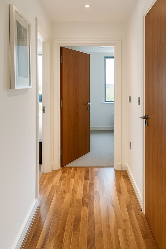 Bright hallway with wooden flooring, white walls, and brown wooden doors opening to adjacent rooms