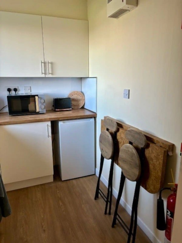 Small kitchenette with wooden counter, white fridge, microwave, and wall-mounted storage cabinets