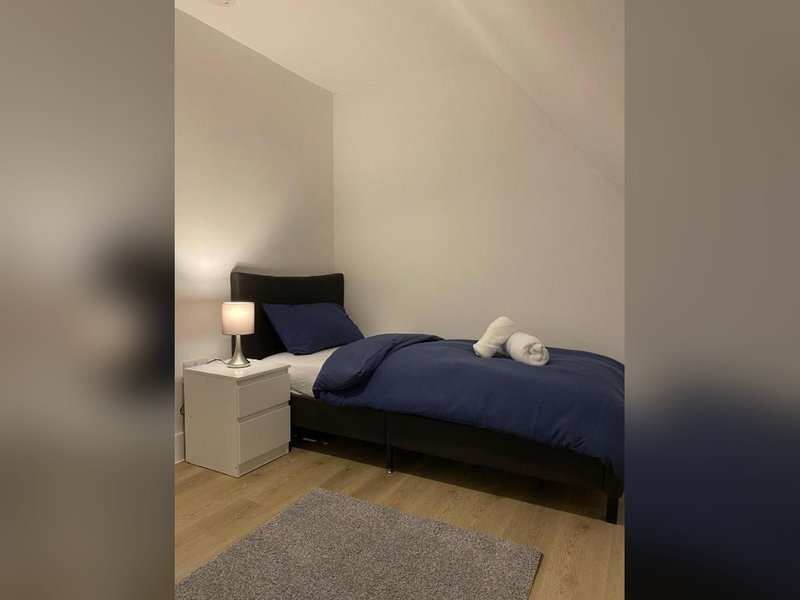 Minimalist bedroom with single bed, navy bedding, white bedside table, and wooden floor