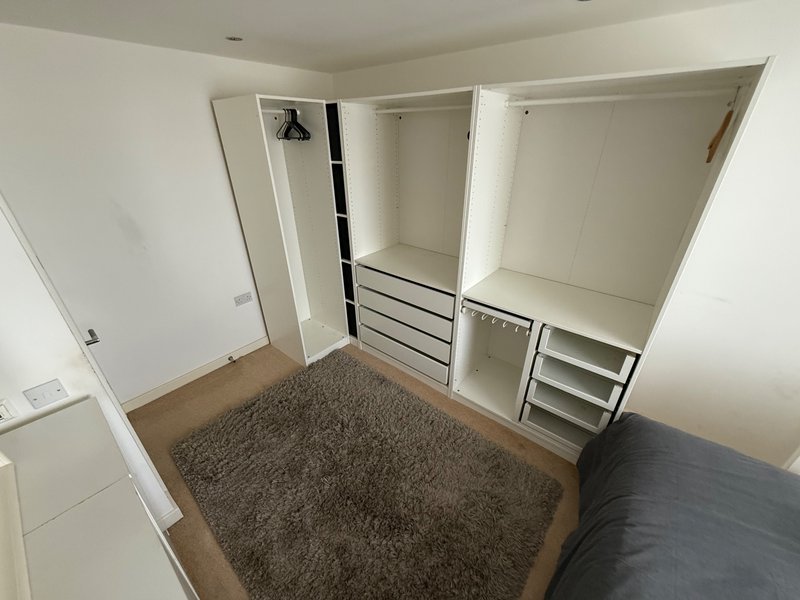 Bedroom with built-in wardrobes, gray area rug, wooden floor and bed frame
