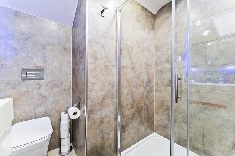 Modern bathroom with tiled shower enclosure, toilet, and toilet paper holder