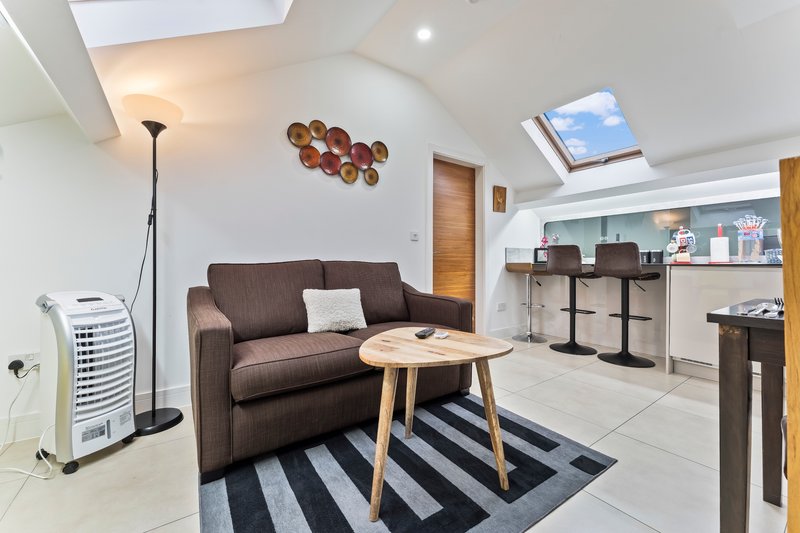 Open-plan living area with brown sofa, wooden coffee table, striped rug and kitchen counter