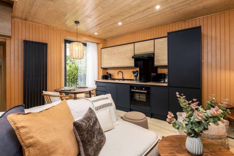 Modern open-plan kitchen and living area with wooden walls, black cabinetry, sofa with cushions and flowers