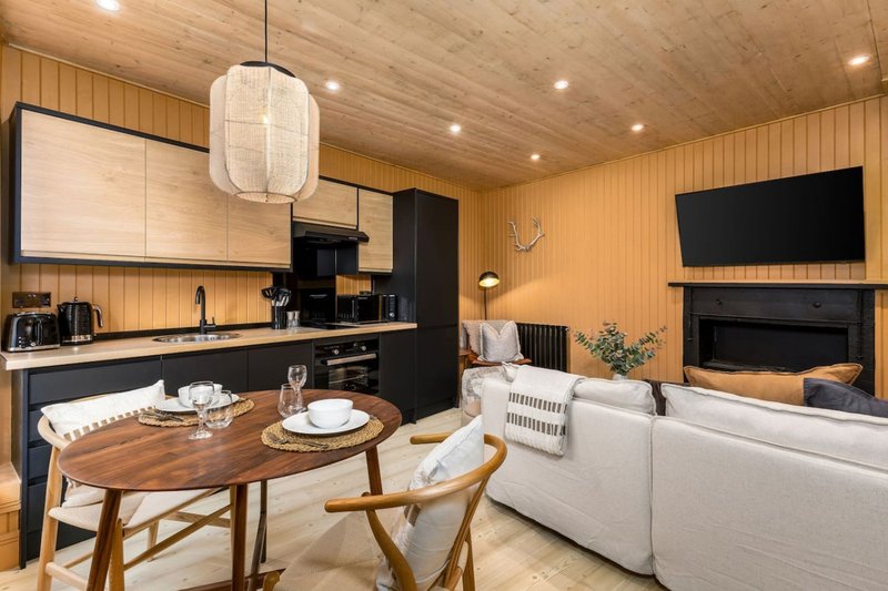 Open-plan kitchen and living area with wooden walls, dining table, sofa, and fireplace
