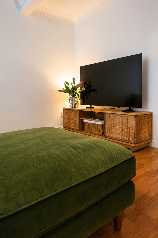 Bedroom with green upholstered bed, wooden TV console, flat-screen TV, and potted flowers.