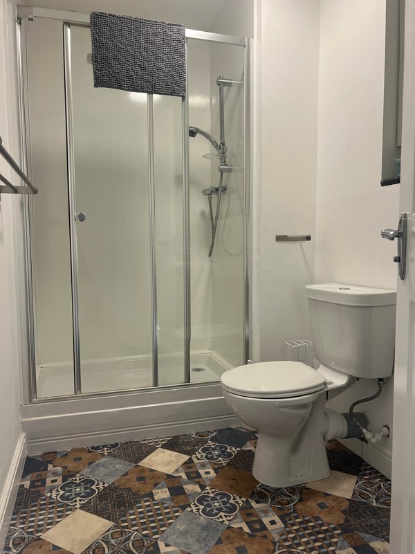 Modern bathroom with shower enclosure, toilet, sink and patterned floor tiles