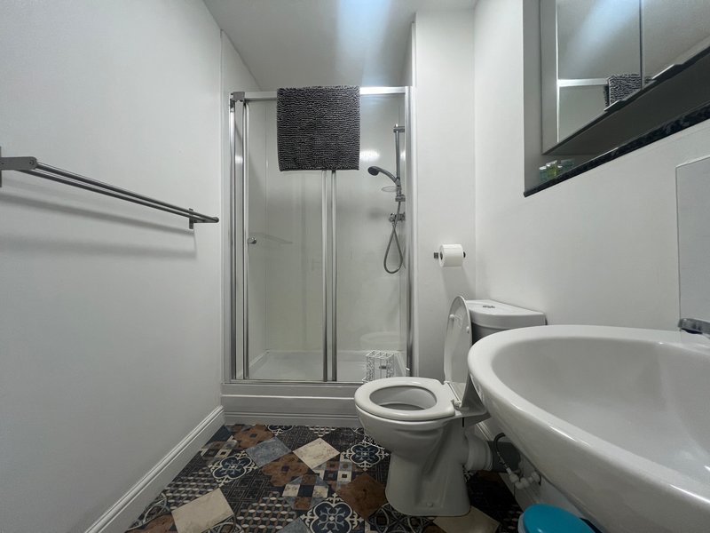 Modern bathroom with shower enclosure, round sink, toilet, and patterned floor tiles