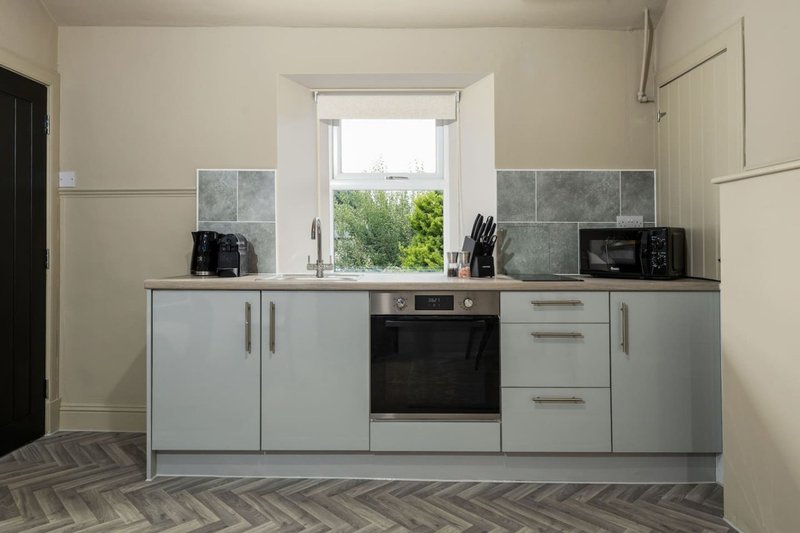 Modern kitchen with grey cabinetry, built-in oven, window overlooking garden, herringbone flooring
