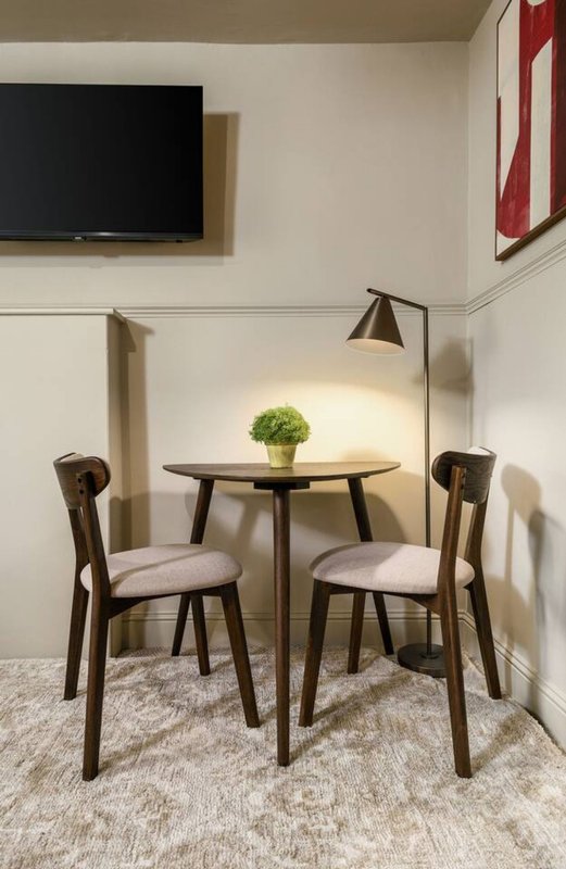 Modern dining area with small round table, two wooden chairs, potted plant, and wall-mounted TV