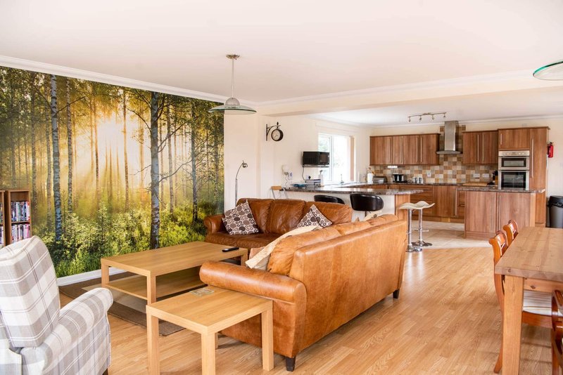 Open-plan living area with tan leather sofa, wooden furniture, kitchen, and forest mural wallpaper