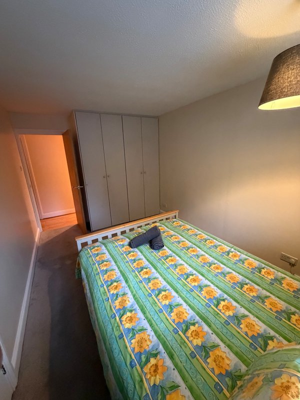 Bright bedroom with single bed, patterned duvet, wardrobe and pendant light