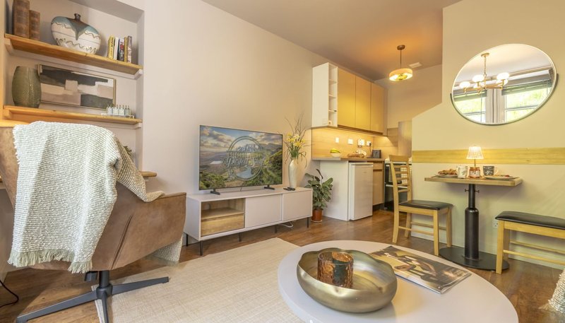 Open-plan living area with kitchen, dining space, and lounge with artwork and shelving