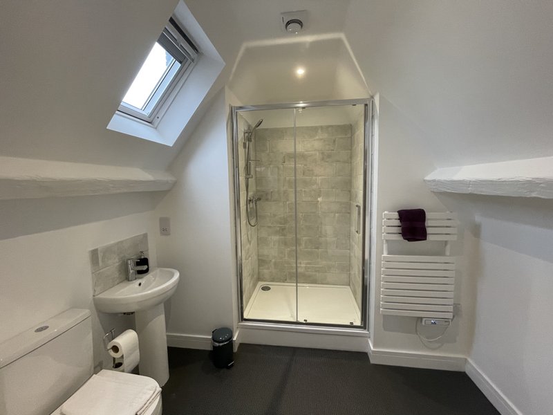 Modern bathroom with shower enclosure, toilet, sink and heated towel rail