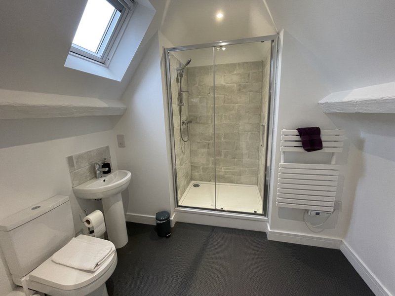 Compact bathroom with toilet, pedestal sink, enclosed shower cubicle and skylight