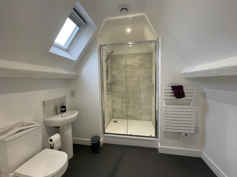 Modern bathroom with shower enclosure, toilet, sink, skylight and heated towel rail