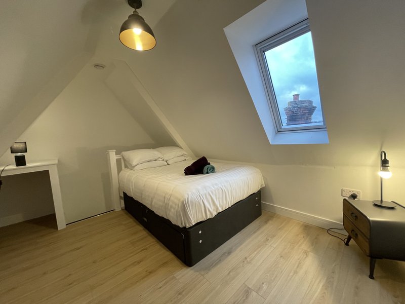 Attic bedroom with double bed, skylight window, wooden floor and pendant lighting