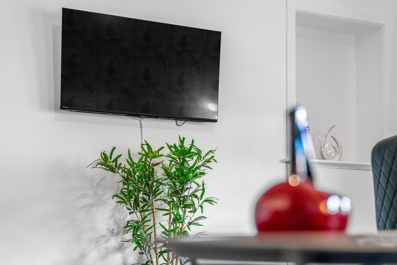 Living room with wall-mounted TV, potted plant, and red decorative object on shelf