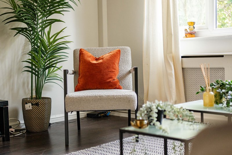 Bright living room with upholstered armchair, orange cushion, potted plants, and coffee table