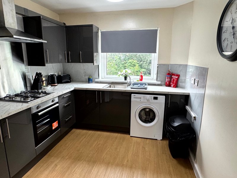 Modern kitchen with black cabinetry, white countertops, stainless steel appliances and wooden flooring