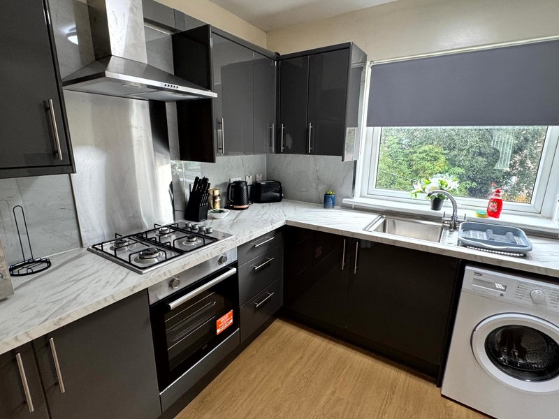 Modern kitchen with black cabinets, marble countertop, gas hob, integrated oven and washing machine