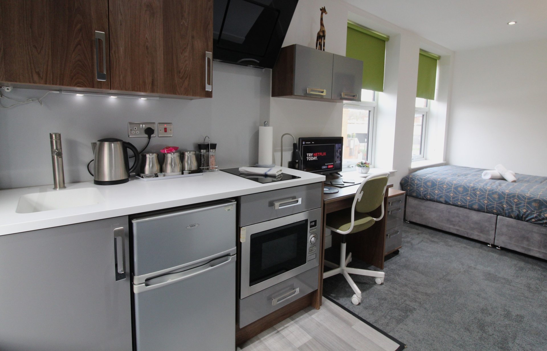 Modern open-plan studio with kitchenette, stainless steel appliances, desk area and bed