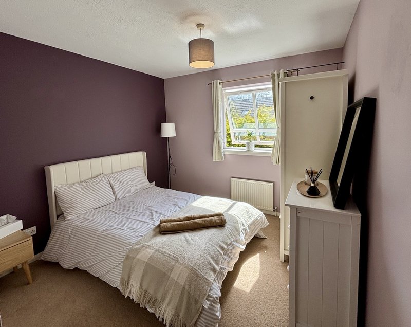 Bedroom with double bed, purple walls, wooden furniture and window with natural light
