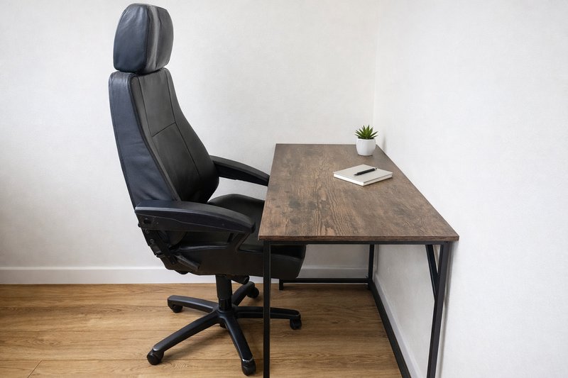 Home office workspace with black gaming chair, wooden desk, small potted plant and notebook