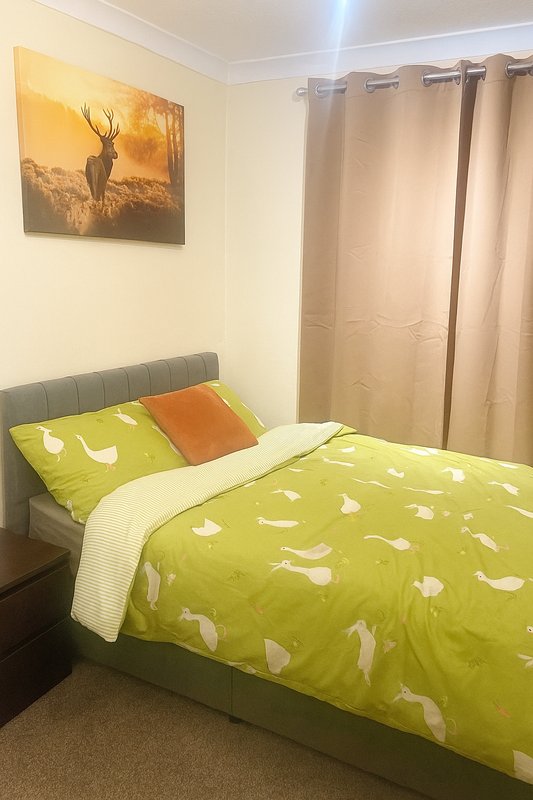 Bedroom with double bed, green patterned duvet, grey headboard and wall art