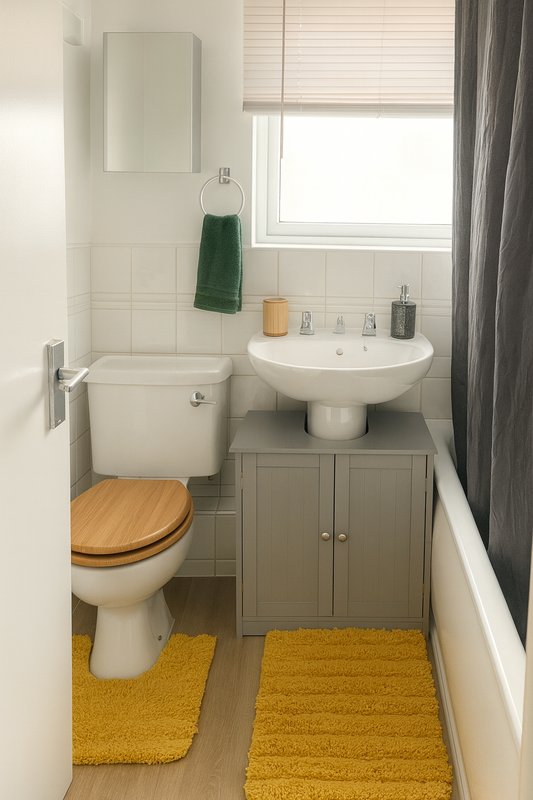 Small bathroom with toilet, pedestal sink, wooden seat, gray vanity and yellow bath mats
