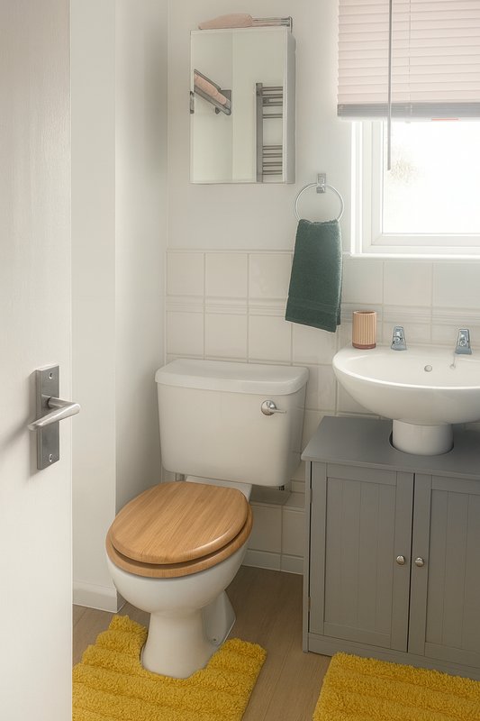 Clean bathroom with toilet, pedestal sink, mirror cabinet, and yellow bath mat