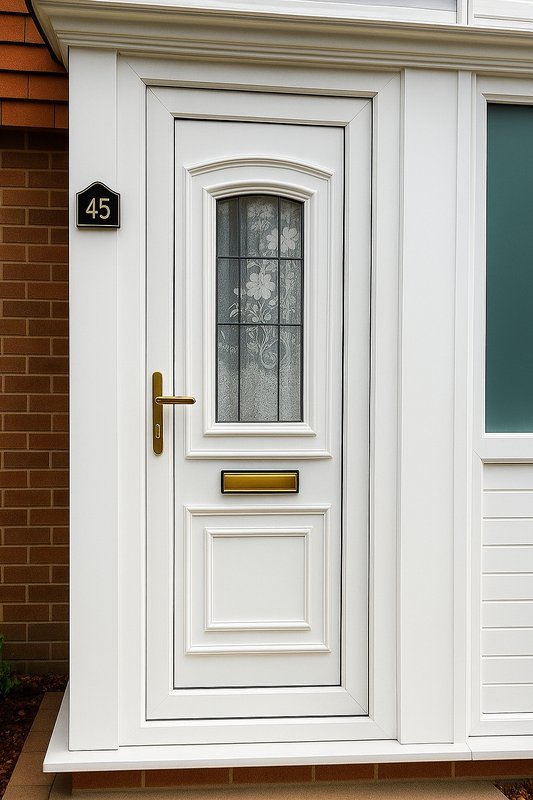 White front door with arched window and brass letterbox on brick house