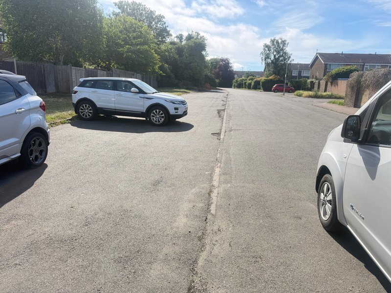 Driveway and parking area with parked cars, trees and residential buildings visible