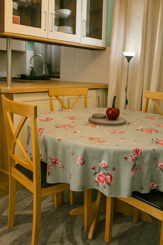 Dining area with round table, floral tablecloth, wooden chairs and kitchen cabinets