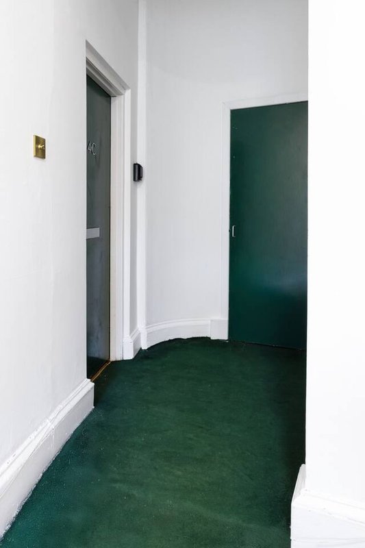 Hallway with white walls, dark green door and flooring, and small wall-mounted fixture