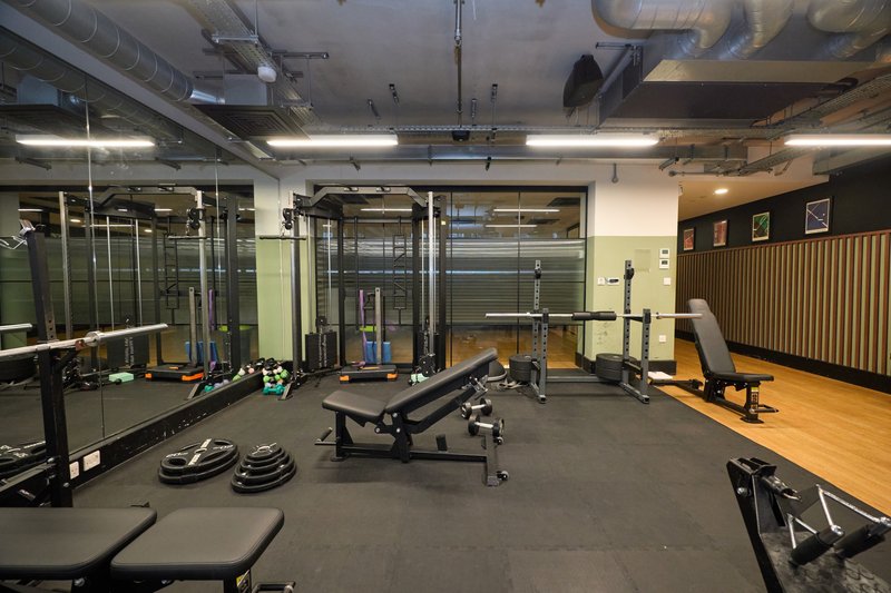 Modern home gym with mirrored walls, weight equipment, dumbbells, and wooden flooring