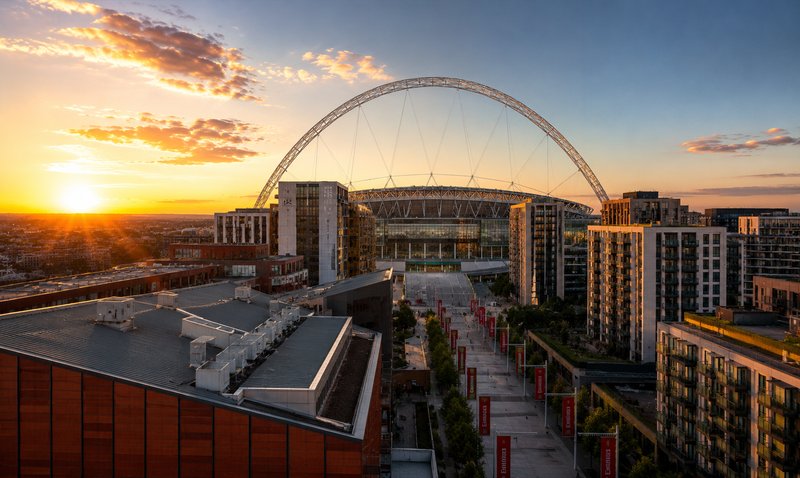 Urban cityscape at sunset with iconic arch stadium and surrounding high-rise buildings