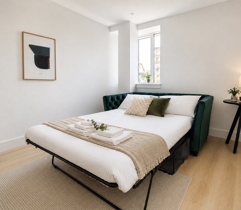 Modern bedroom with green upholstered bed, white bedding, wooden floor and framed wall art
