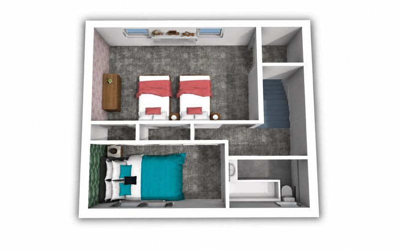 Floor plan layout showing bedroom, bathroom, kitchen and living areas in a compact apartment