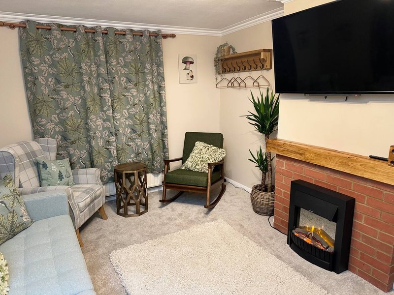 Spacious living room with sofa, armchair, fireplace, TV, plants and patterned curtains