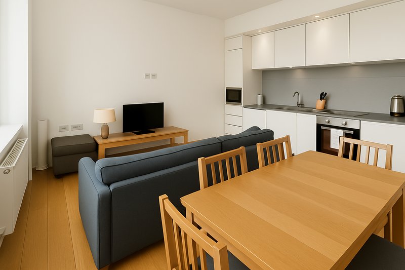 Open-plan living area with dining table, sofa, TV, and modern kitchen with white cabinetry