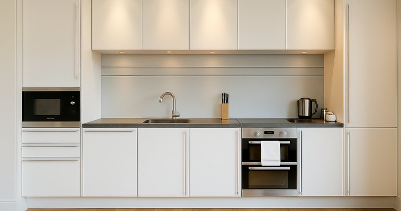 Modern white kitchen with built-in appliances, countertop, sink, and overhead cabinets