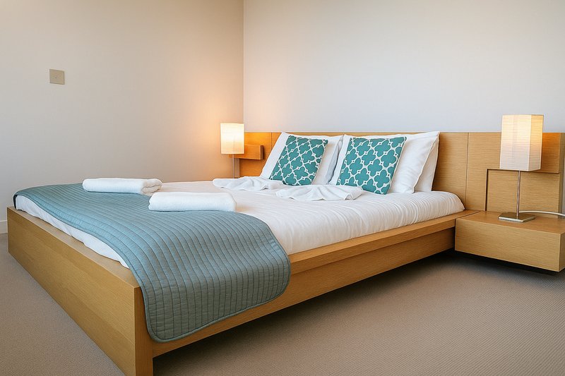 Modern bedroom with wooden bed frame, white pillows, blue bedding, and matching nightstands with lamps