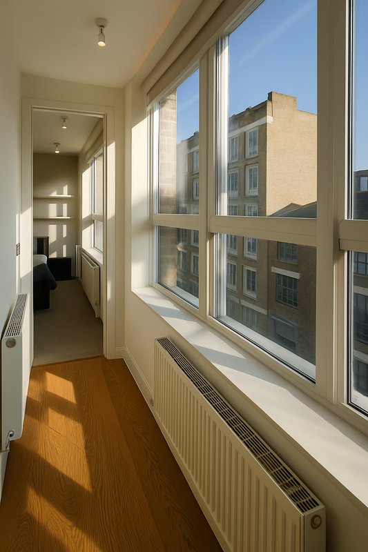 Bright hallway with large windows, wooden flooring, and city building views