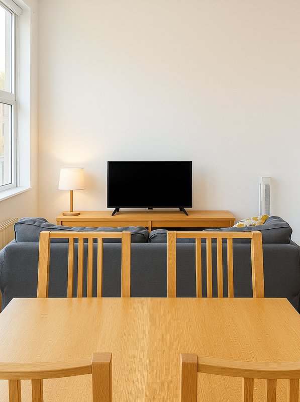 Living room with wooden dining table, gray sofa, TV on stand, and bright window