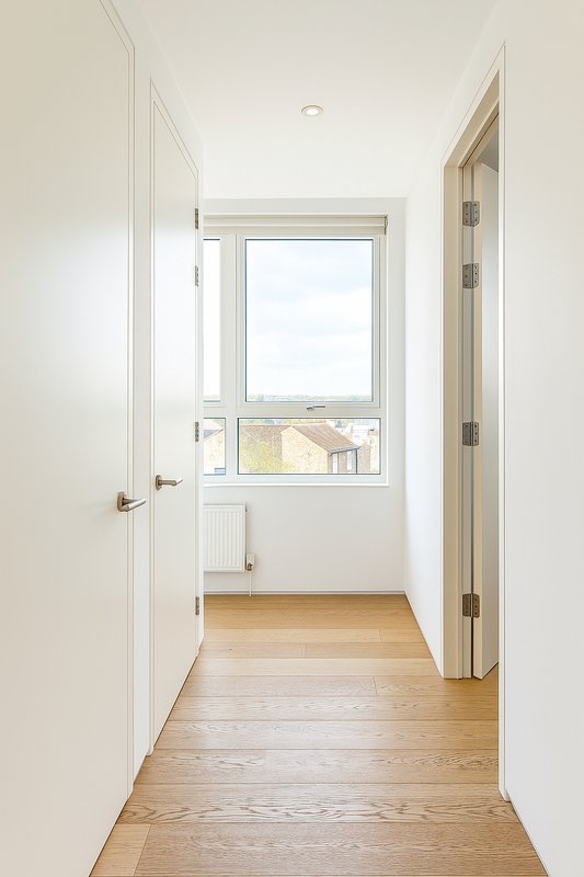 Bright hallway with wooden floor, white walls, window overlooking street, and open doors
