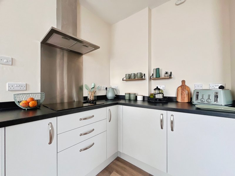 Modern kitchen with white cabinetry, black countertop, stainless steel extractor hood and appliances