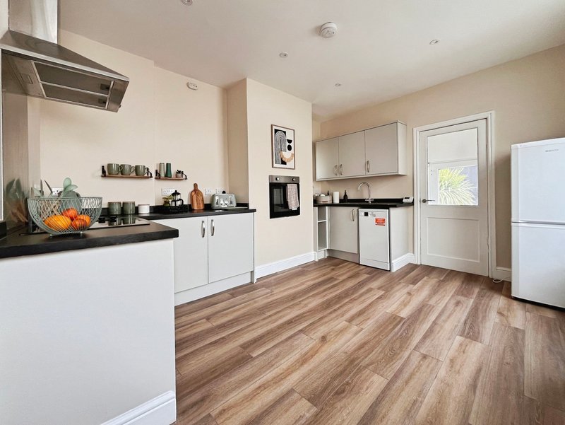 Modern kitchen with white cabinetry, black countertops, wooden flooring and stainless steel appliances